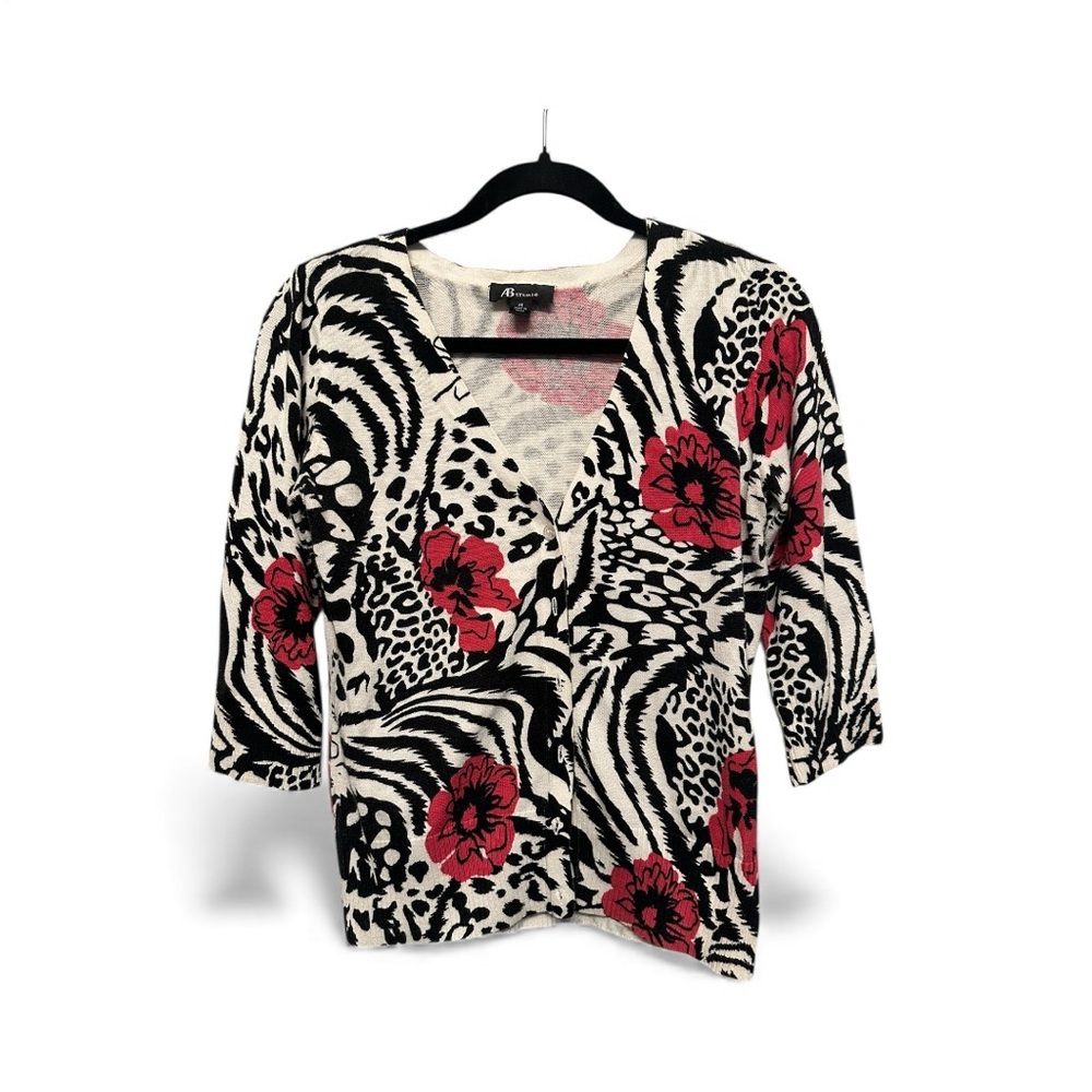 AB Studio Pink and Animal Print Knit Button Down Cardigan Size Medium